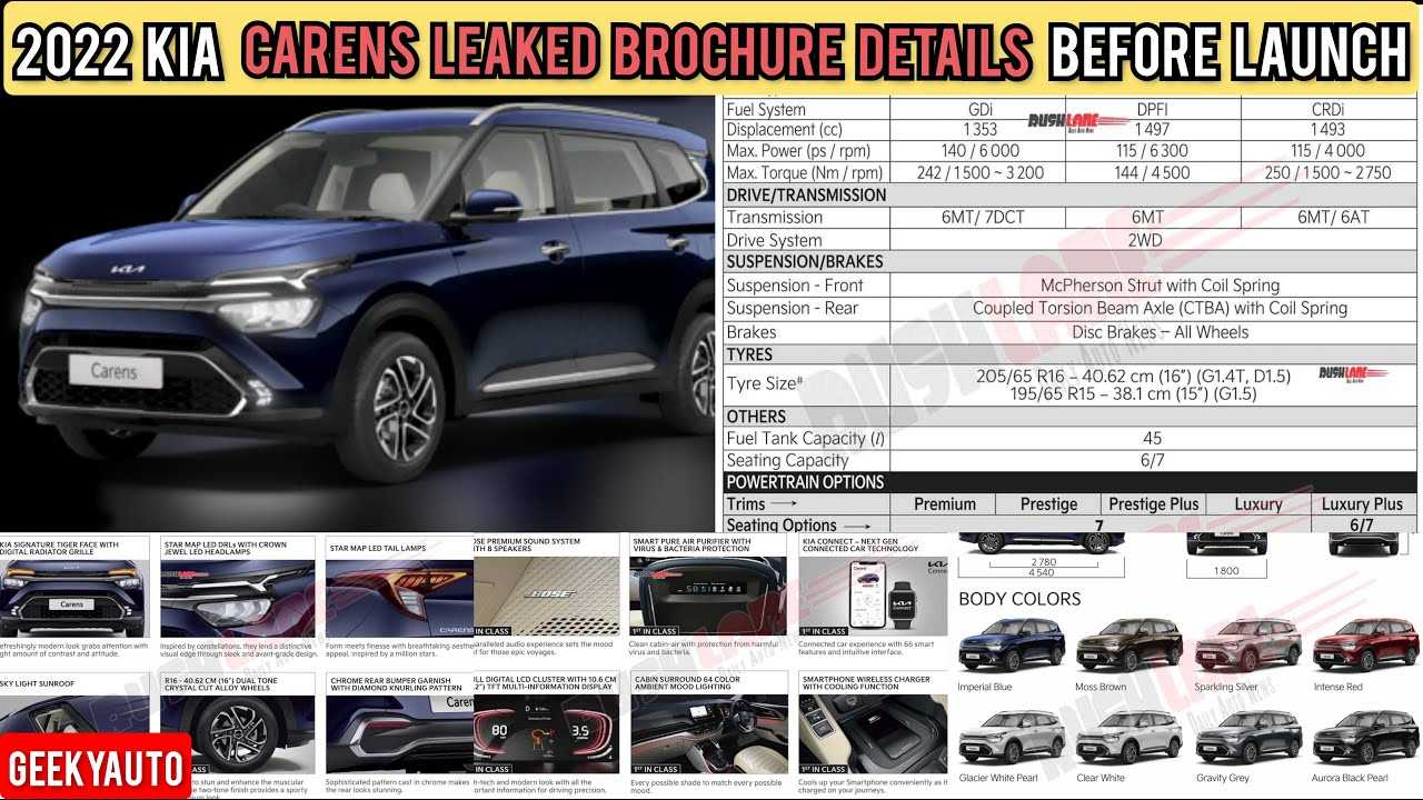 Kia carens specifications - features, dimensions, configurations